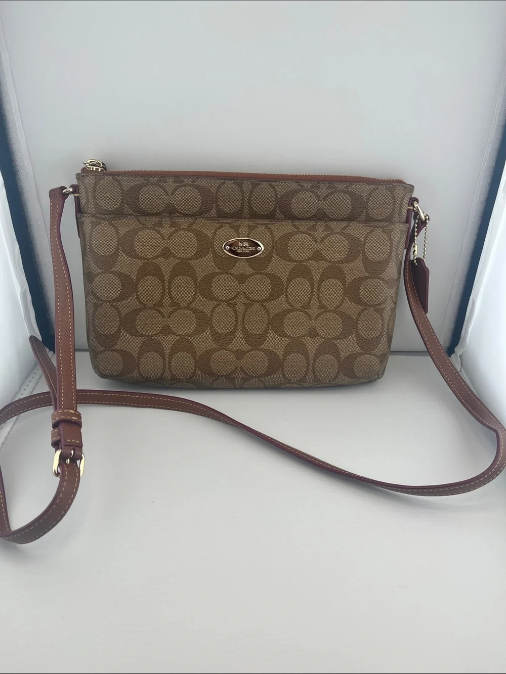 Coach Brown Signature Canvas Crossbody with Leather Trim